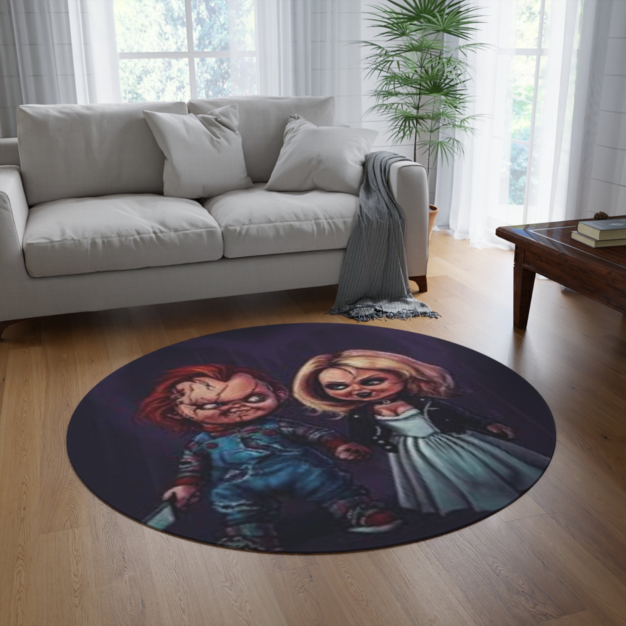 Chucky & Tiffany Horror Round Rug, Dark Style Home Decor, Spooky Living Room Accent, Halloween Party Rug, Unique Gift for Collectors