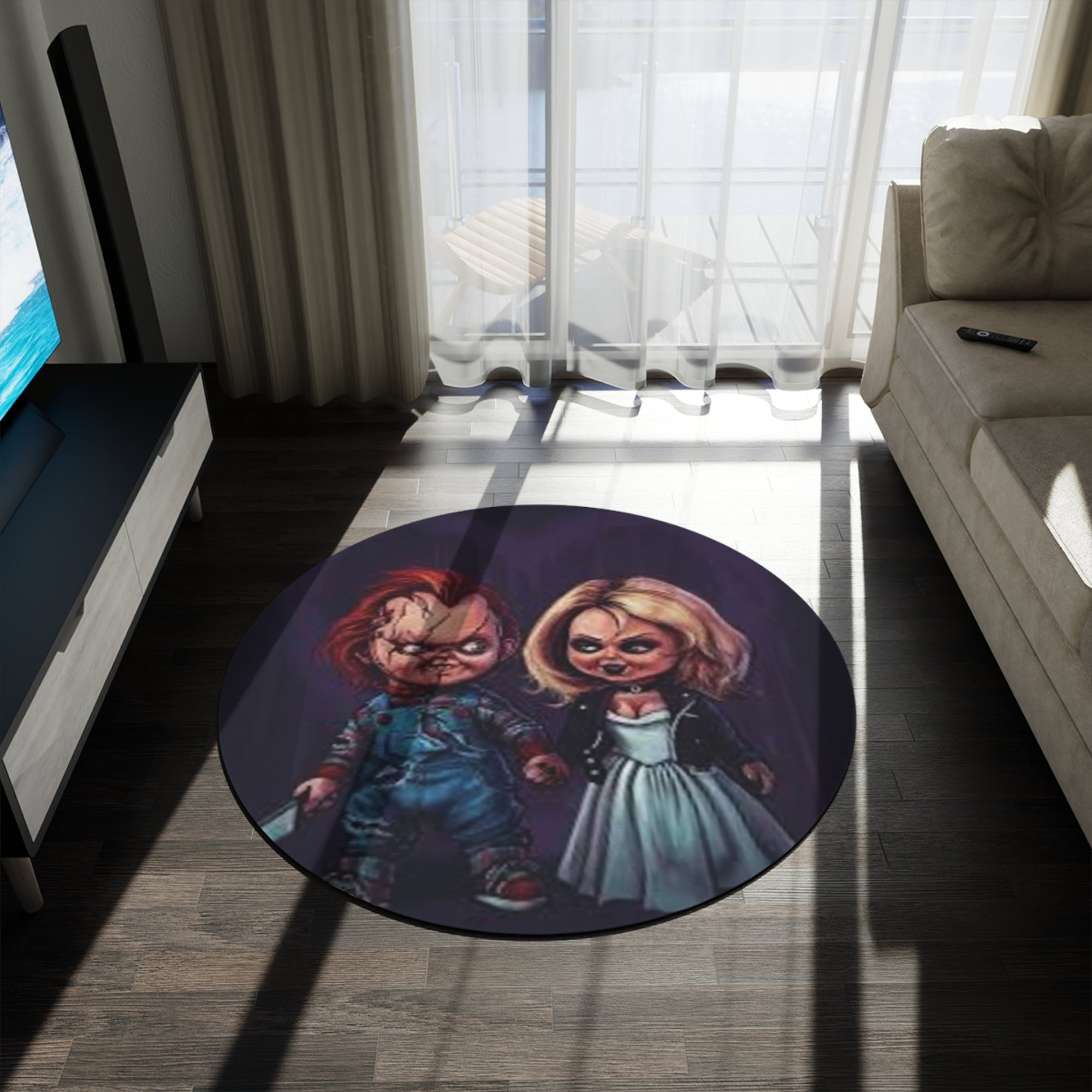 Chucky & Tiffany Horror Round Rug, Dark Style Home Decor, Spooky Living Room Accent, Halloween Party Rug, Unique Gift for Collectors